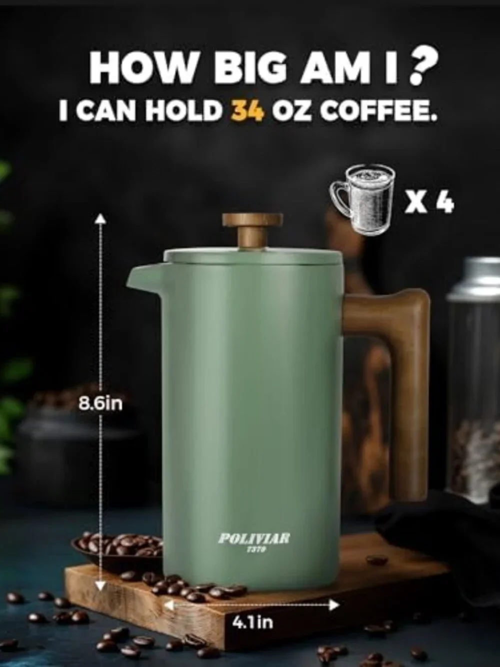 34 oz French Press Coffee Maker with Wood Handle, Double Wall Insulation